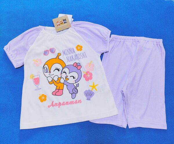 95cm 新品 アンパンマン メッシュ素材大好き柄半袖パジャマ パープル