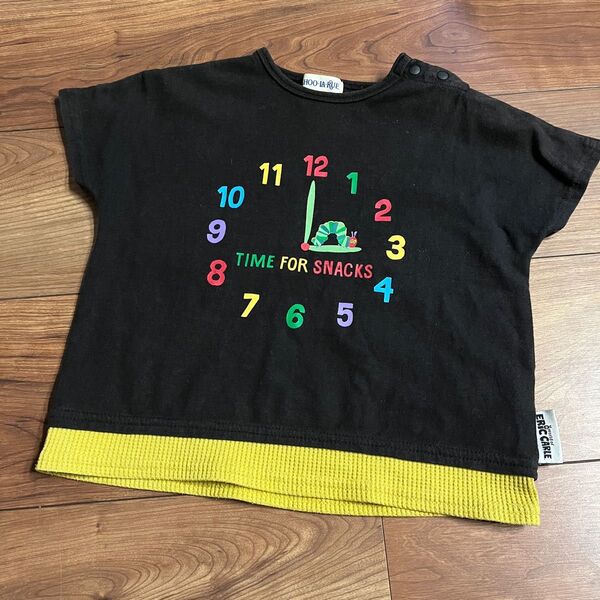 90㎝ はらぺこあおむし 時計 ブラック 半袖Tシャツ