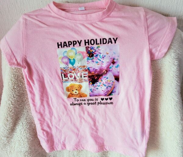 女の子 Tシャツ ピンク 半袖 プリント HAPPY HOLIDAY LOVE130cm