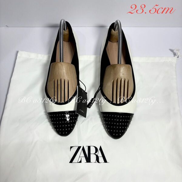 新品 ZARA スタッズ付き フラットパンプス 23.5cm 26 エナメル レディース ザラ シューズ パンプス モード タグ付