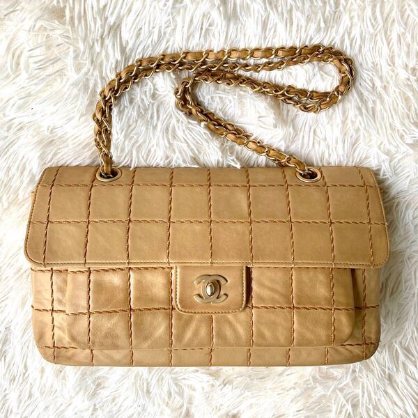 23万→CHANEL/シャネル■チョコバーワイルドステッチ ココマーク Wチェーンショルダーバッグ■ベージュ *シリアルシール有