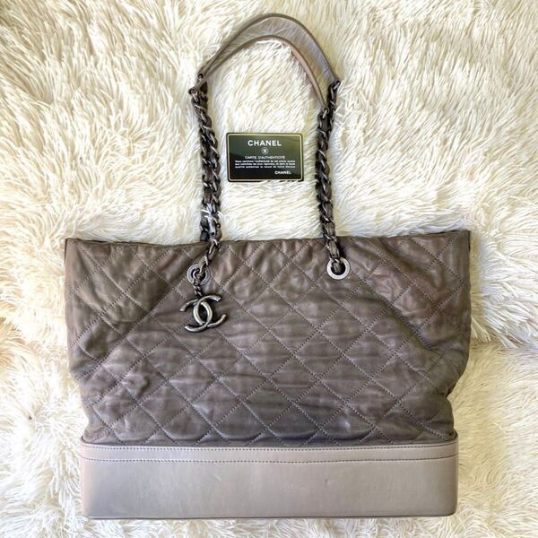 28万→CHANEL■ガブリエルドゥシャネルマトラッセ ココマーク チェーンショルダートートバッグ■グレー*Gカード、Sシール有