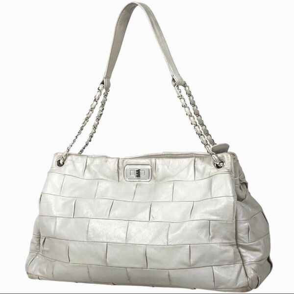15万→CHANEL/シャネル■希少*2.55 チェーンショルダートートバッグ レザーチョコバー■ライトグレー *シリアルシール有