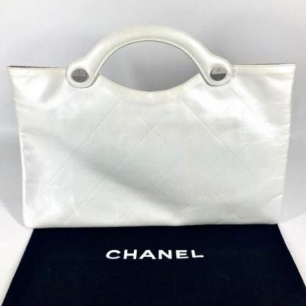 CHANEL/CHANEL■ココマーク レザーマトラッセキルティング トート クラッチ ハンドバッグ■ホワイト*シリアルシール有