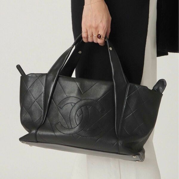 26万→CHANEL/シャネル■デカココマーク Vステッチ カーフレザー トートバッグ■黒/ブラック*シリアルシール有