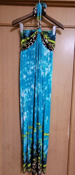 【リゾート】ロングワンピース ホルターネック ヒョウ柄 ブルー