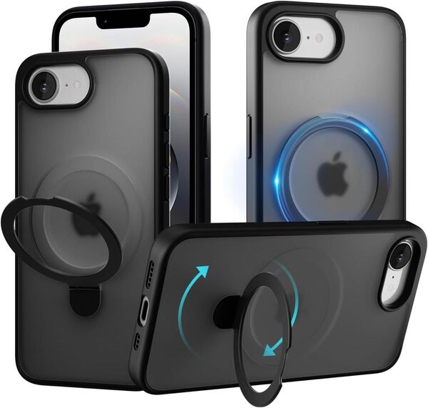 新品 iPhone 16e 専用 スマホ ケース 米軍MIL規格 耐衝撃 MagSafe対応 強力磁石内蔵 360度回転 ブラック
