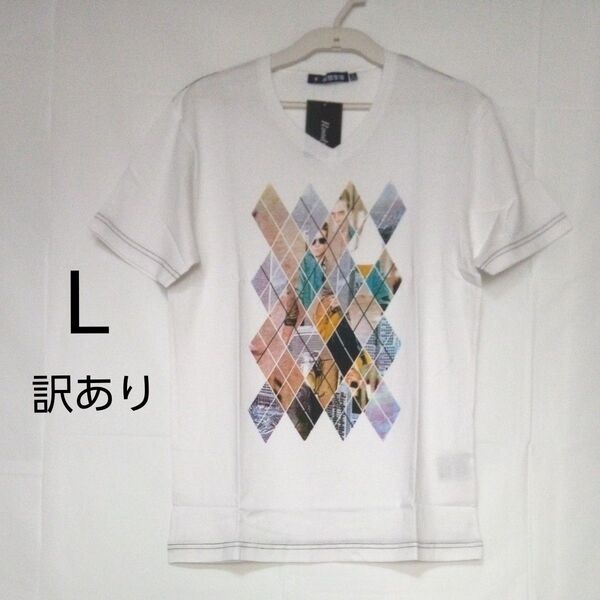 訳あり! ユニセックス Vネック 半袖Tシャツ 部屋着 プリントTシャツ 部屋着 レディース メンズ ホワイト L