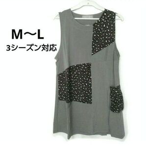 新品 ノースリーブチュニック プリント 切り替えチュニック ポケット付き 薄手 春 夏 秋 ミセス M~L グレー
