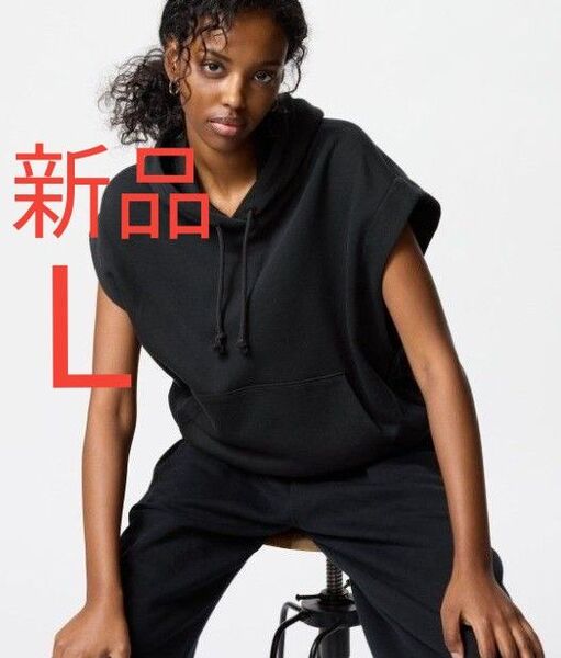 新品未使用 UNIQLO ユニクロ スウェットノースリーブパーカ レディース ノースリーブ トップス スウェット ブラック 黒 L