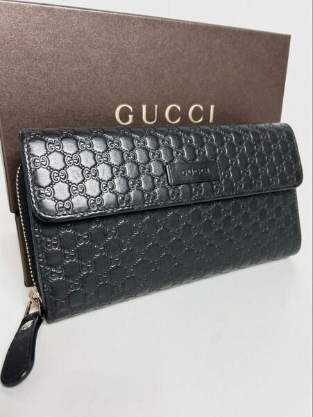 【良品】 メンテ済み グッチ GUCCI 定価6.7万 マイクログッチシマ レザー 長財布 ラウンドファスナー