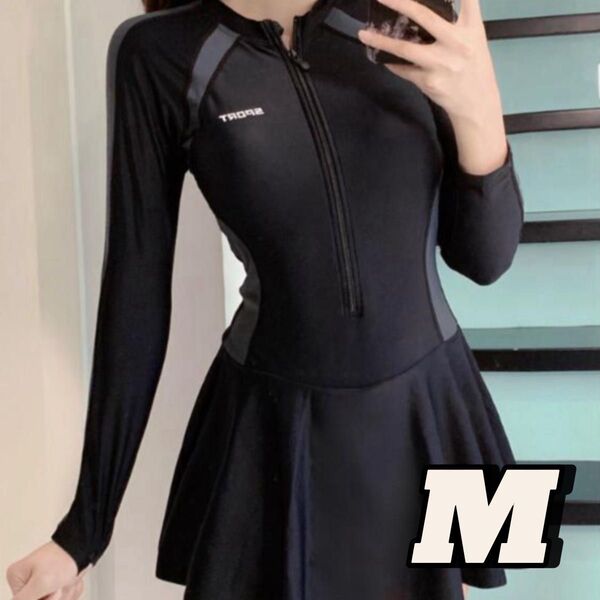 M 水着 レディース ワンピース ラッシュガード 長袖 フィットネス UV 体型カバー