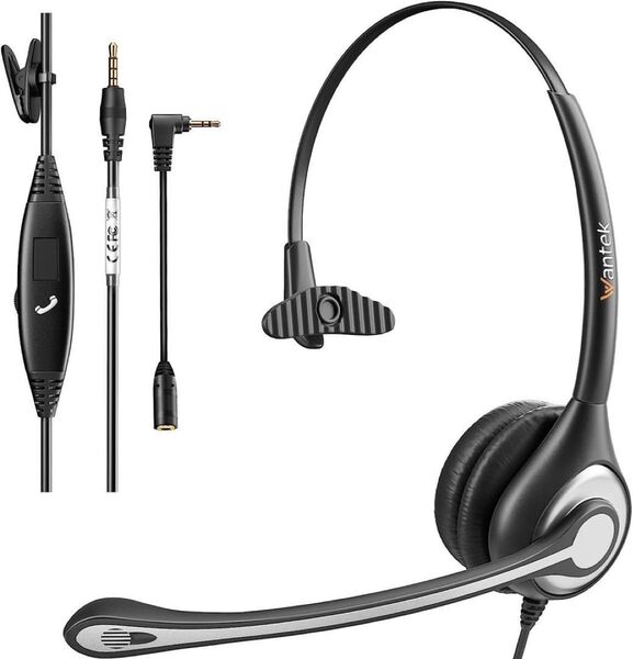 Wantek ヘッドセット携帯電話用 3.5mm 片耳 ノイズキャンセリングマイク付きとコール制御PC用ヘッドホン Skype