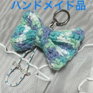 ハンドメイド リボンニット ストラップ キーホルダー リボン ニット パール 韓国 編み物ストラップ