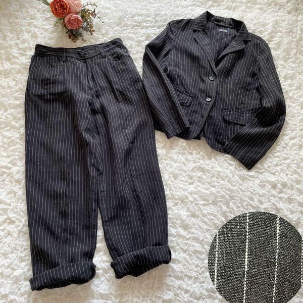 100%リネン ジャーナルスタンダード 麻 ジャケット+パンツ セットアップ ジャーナル ストライプ 黒 36