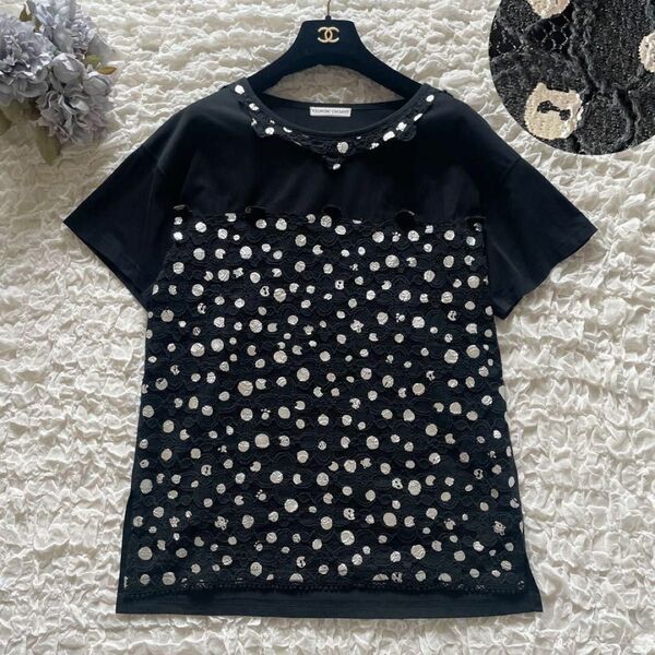 TSUMORI CHISATO/ツモリチサト 箔プリント キャットドットレース Tシャツ カットソー サイズ2