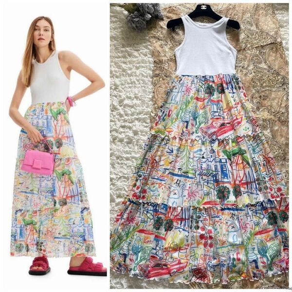 Desigual/デシグアル 定価¥19,900 セットアップ風 チュール ロングワンピース クレヨン らくがき