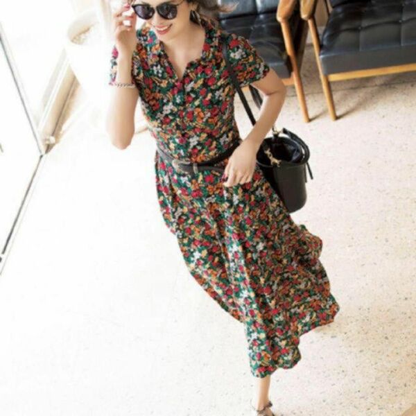 芸能人着用!ZARA/ザラ 花柄半袖シャツワンピース マキシ丈 フラワー