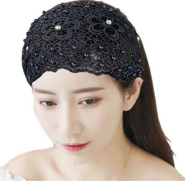 レース 花柄 ターバン 白髪隠し ヘアターバン 透かし編み ブラック 黒 おしゃれ 薄毛