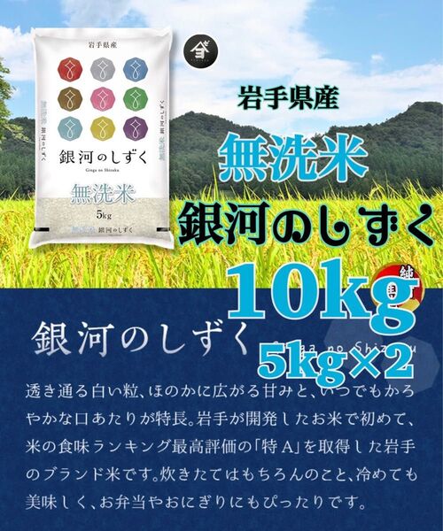 米 白米 無洗米 【岩手県産無洗米銀河のしずく10Kg】5kg×2 7年連続特A評価を獲得!白くて艶やかなお米でございます♪