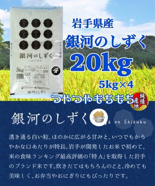 米 白米 精米【岩手県産銀河のしずく20Kg】5kg×4 7年連続特A評価を獲得!白くて艶やかなお米でございます♪