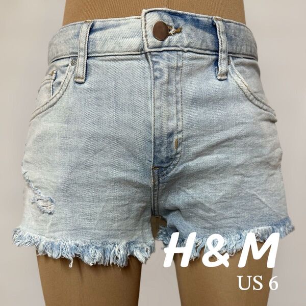 H&M レディース デニムショートパンツ US6 ライトブルー ダメージ