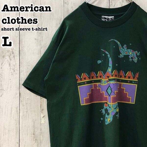 US アメリカ古着 シングルステッチ トカゲ プリント 半袖Tシャツ L