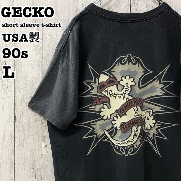 90s GECKO USA製 アメリカ古着 フェード 両面プリント 半袖Tシャツ L