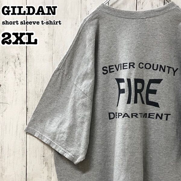 ギルダン US アメリカ古着 ファイヤーデプト 消防 両面プリント 半袖Tシャツ 2XL
