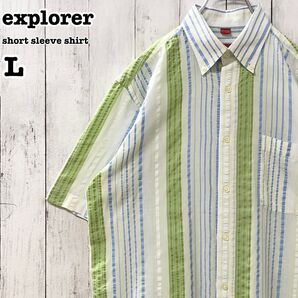 explorer US アメリカ古着 ストライプ 半袖 ボタンダウンシャツ L