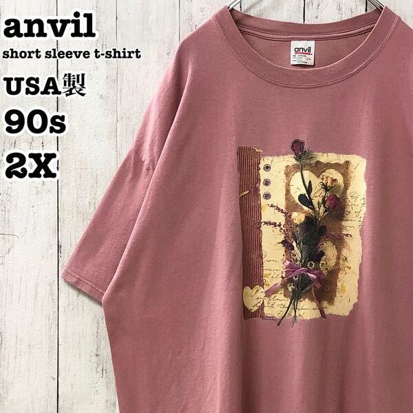 90s アンビル USA製 アメリカ古着 花 フラワープリント 半袖Tシャツ 2X