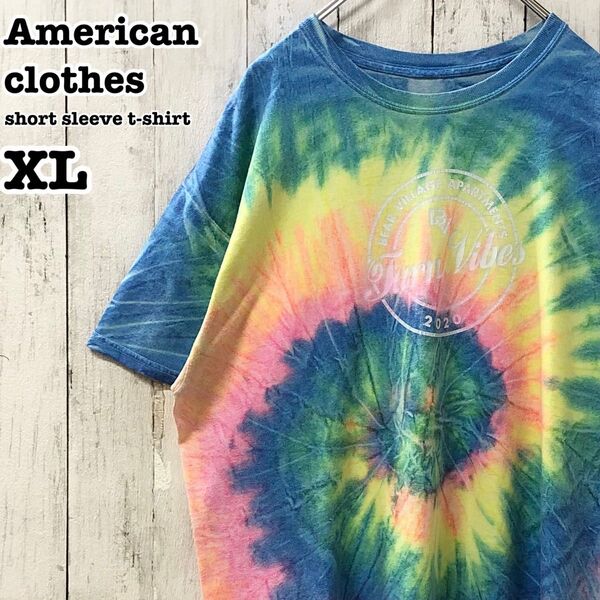 US アメリカ古着 英字 両面プリント タイダイ 半袖Tシャツ XL