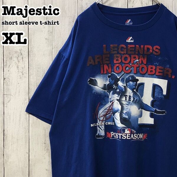 マジェスティック US アメリカ古着 MLB テキサス・レンジャーズ プリント 半袖Tシャツ XL