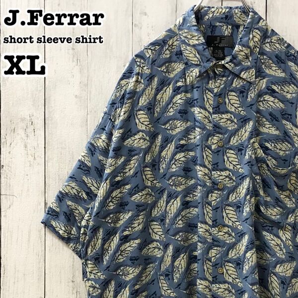 J.Ferrar US アメリカ古着 総柄 植物 葉 半袖 レーヨンシャツ XL