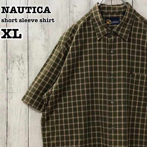ノーティカ US アメリカ古着 ワンポイントロゴ チェック 半袖シャツ XL