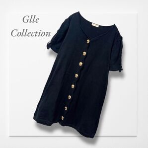 a555. Glle Collections ◆ ニットカーディガン (M) 黒 金ボタン 袖リボン 大人可愛い 大人女子