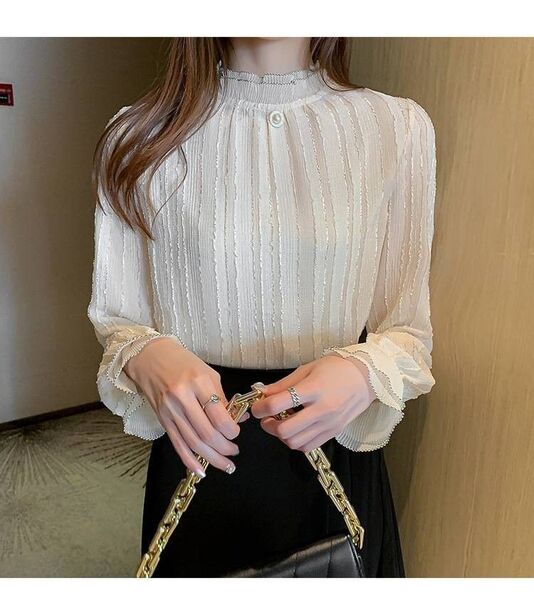 話題のブラウス 長袖 レース シャツ レディース トップス フリル 立ち襟 女性らしい 可愛い 着痩せ 長袖 おしゃれLサイズ