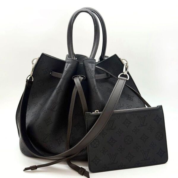 極美品 ルイヴィトン マヒナ ジロラッタ 2way 巾着ハンドバッグ ショルダー ブラック 黒 カウレザー シルバー金具