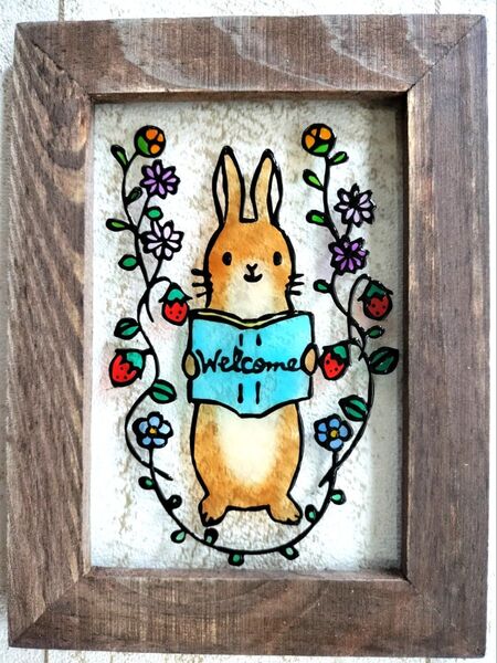 ステンドグラス風 ウサギ 本 welcome グラスデコ グラスアートガラス絵 ハンドメイド イラスト プレゼントにも