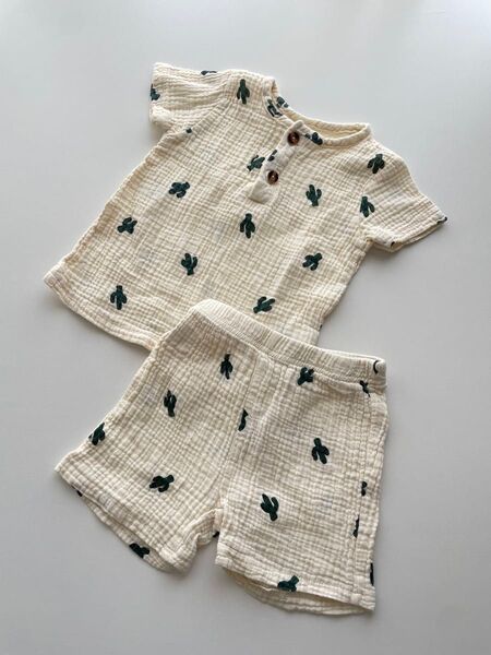 セットアップ 韓国風 サボテン 刺繍 ガーゼセットアップ キッズ服 上下セット ベビー 2-3y