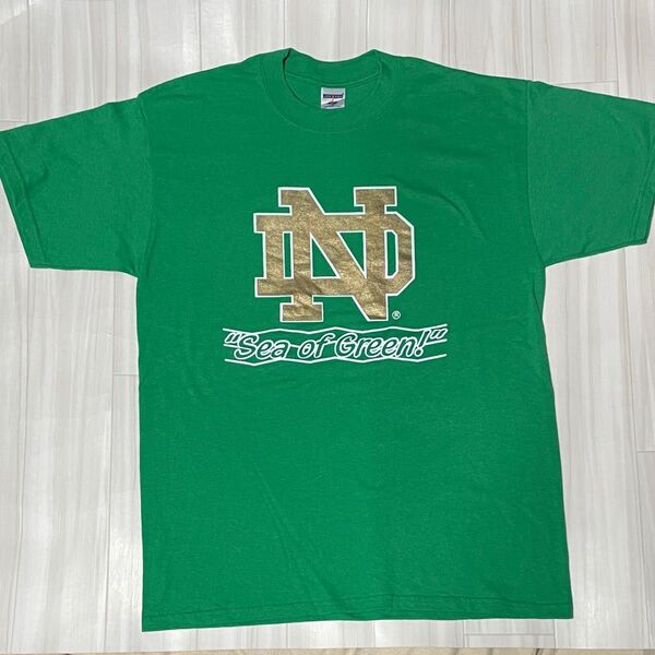 アメリカ直輸入JERZEESノートルダム大プリントカレッジTシャツUSサイズL身幅約54、着丈約74、ユーズド品洗濯済。美品です。