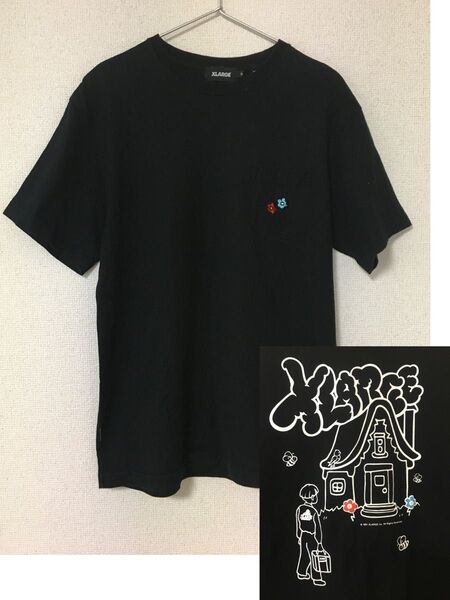 【希少デザイン】XLARGE 花柄刺繍 Tシャツ Mサイズ ブラック 1991 グラフィックバックプリント