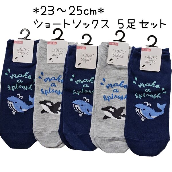 5足セット ショート丈 レディースソックス 靴下セット 23〜25cm 新品未使用 婦人靴下 まとめ売り 夏用 くじら、シャチ