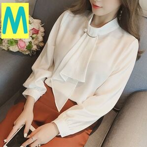 フォーマル ブラウス 白 M シフォンシャツ ボウタイ レディース 韓国