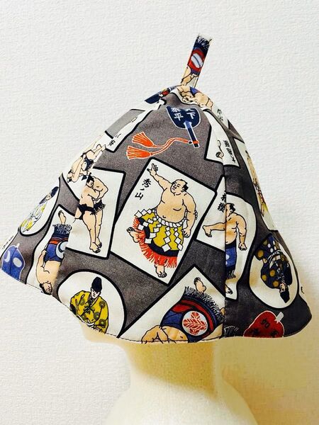 サウナハット ハンドメイド サウナ 相撲柄 グレー ゆったり大きめサイズ