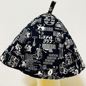 サウナハット ハンドメイド レトロ ミッドナイトクラブ柄 白黒 ゆったり大きめサイズ