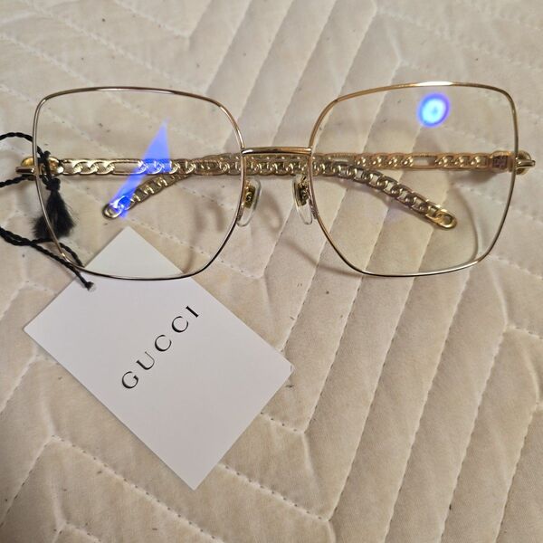 GUCCI ブルーライトカット サングラス メガネ ゴールド チェーンモチーフ オーバサイズ