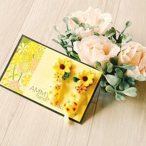 ひまわり 猫 レジン ちりめん ハンドメイド 和風 ピアス イヤリング