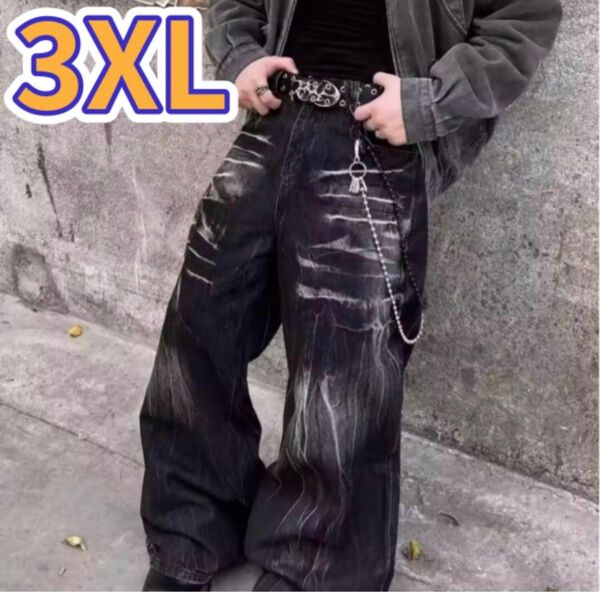 ジーンズ デニムパンツ ブラック 3XL ダメージ風 メンズ ストリート オルチャン Y2Kファッション