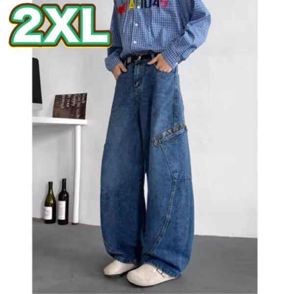 デニムパンツ ワイド ジーンズ 2XL メンズ ブルー サイドポケット ストリートカジュアル B系 オルチャン Y2K